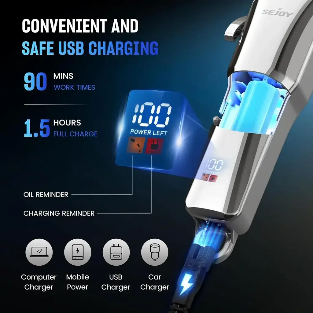 Машинка для стрижки Sejoy HC-007 бездротовий тример для волосся та бороди з LED-дисплеєм 4 насадки срібний (SKU-091) - фото 6