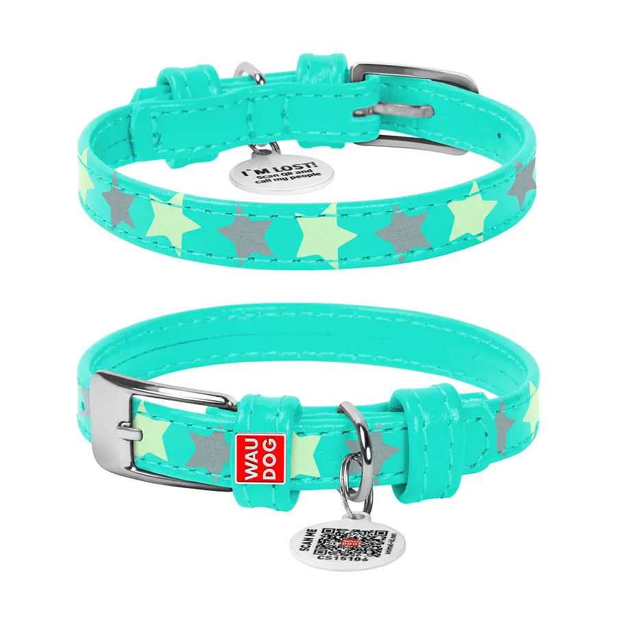 Ошейник для собак кожаный Waudog Glamour с QR-паспортом, узор «Звездочка», светонакопительный/светоотражающий, S, Ш 15 мм, - фото 2