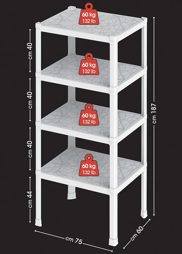 Стеллаж пластиковый PIANO 75x60x187h с 4 полками, белый - фото 3