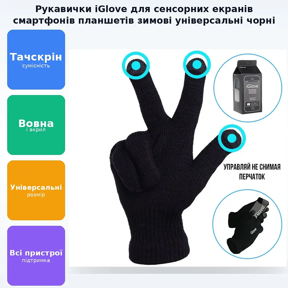 Рукавички для сенсорних екранів смартфонів планшетів зимові універсальні iGlove чорний - фото 3