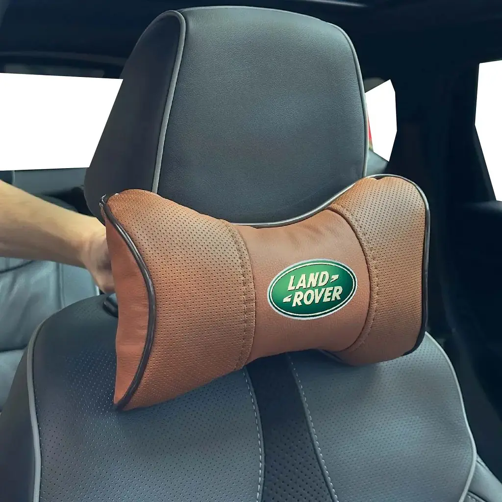 Подушка на підголівник з логотипом Land Rover Екошкіра 3D Кольоровий лого Коричневий-Коричневий кант 1 шт
