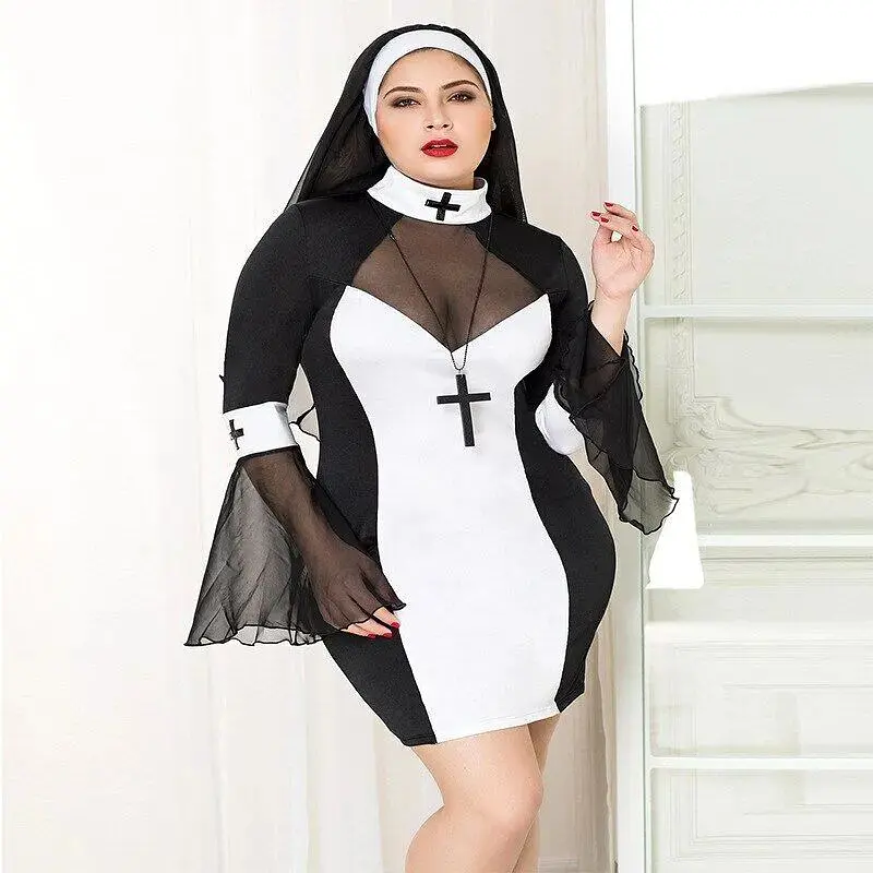 Еротичний костюм черниці JSY Грішниця Лола Plus Size Black, сукня, хрест, апостольник - фото 3