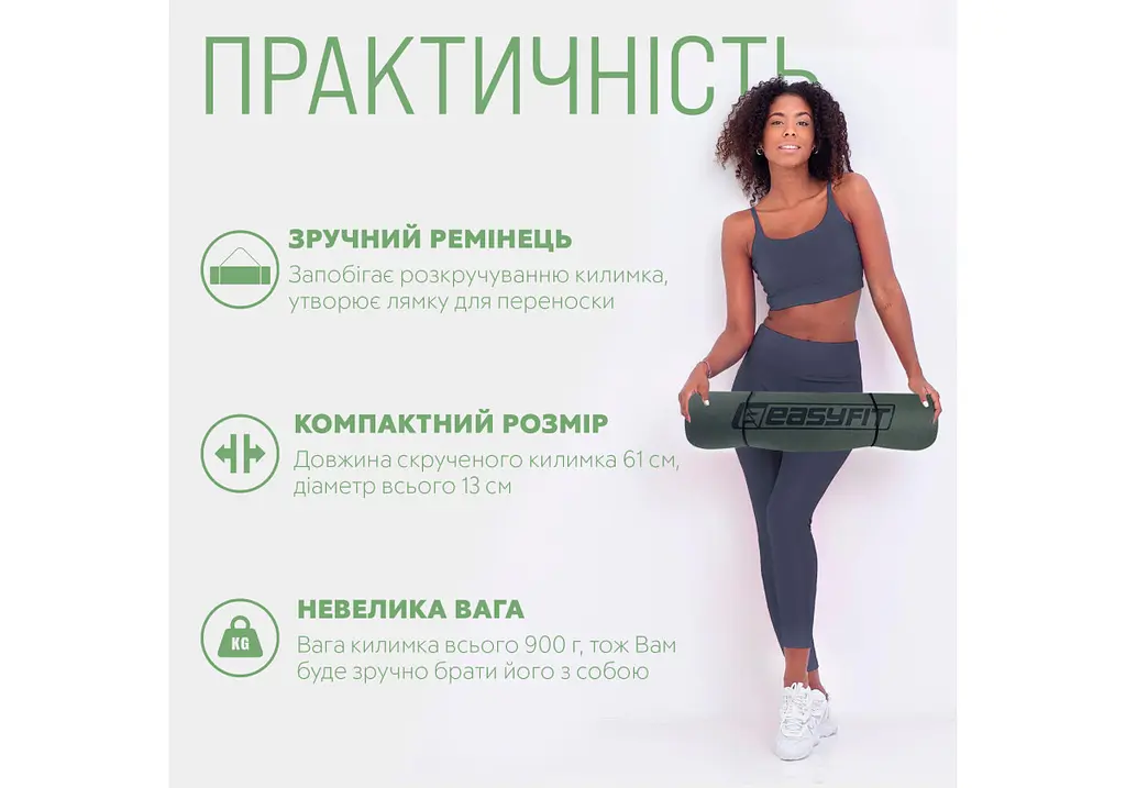 Килимок для йоги та фітнесу EasyFit TPE+TC 6 мм двошаровий + Чохол чорний із зеленим (EF-1924s-BG) - фото 2