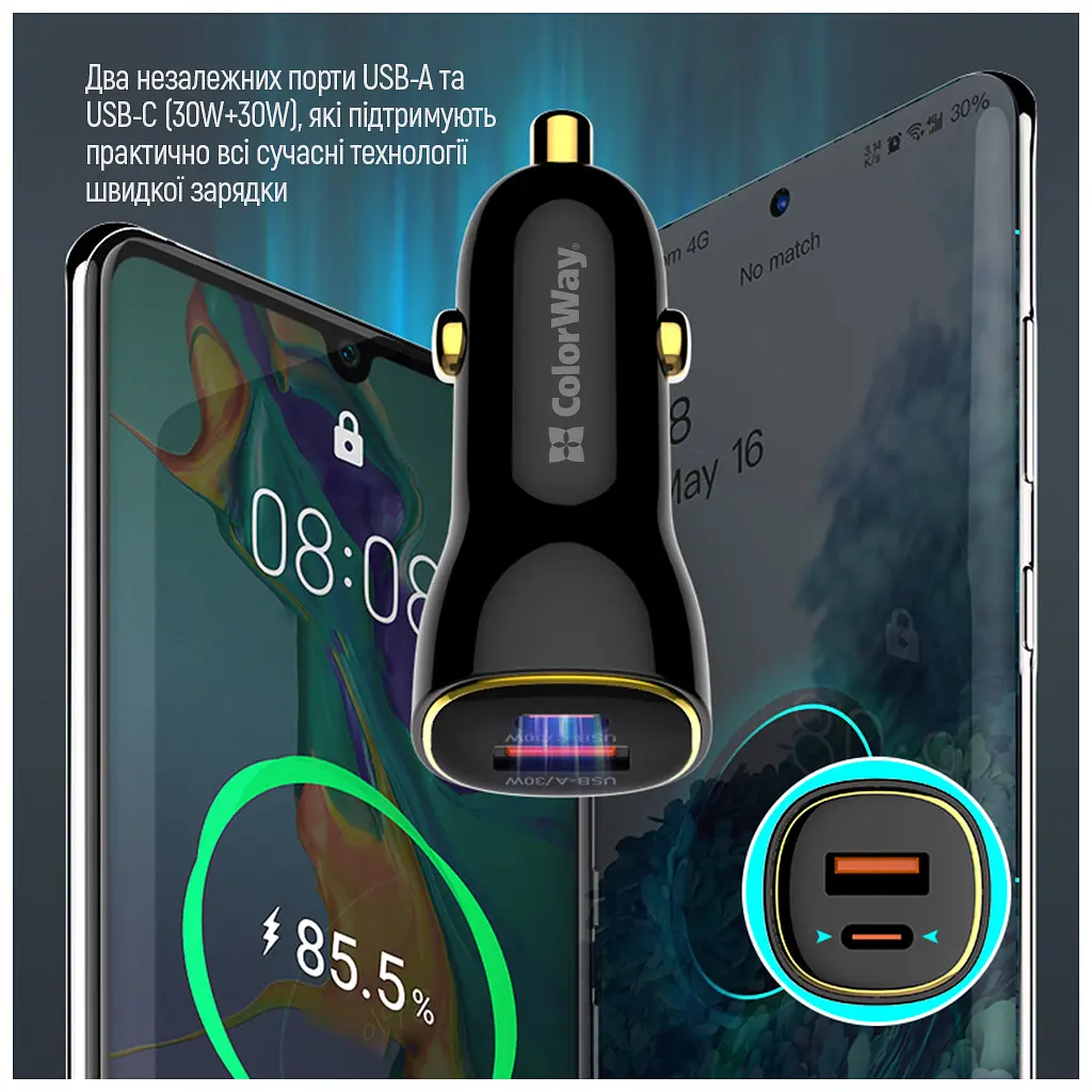 Зарядний пристрій ColorWay Power Delivery PPS USB (USB-A + USB-C) (60 Вт) чорний (CW-CHA046PD-BK) - фото 2