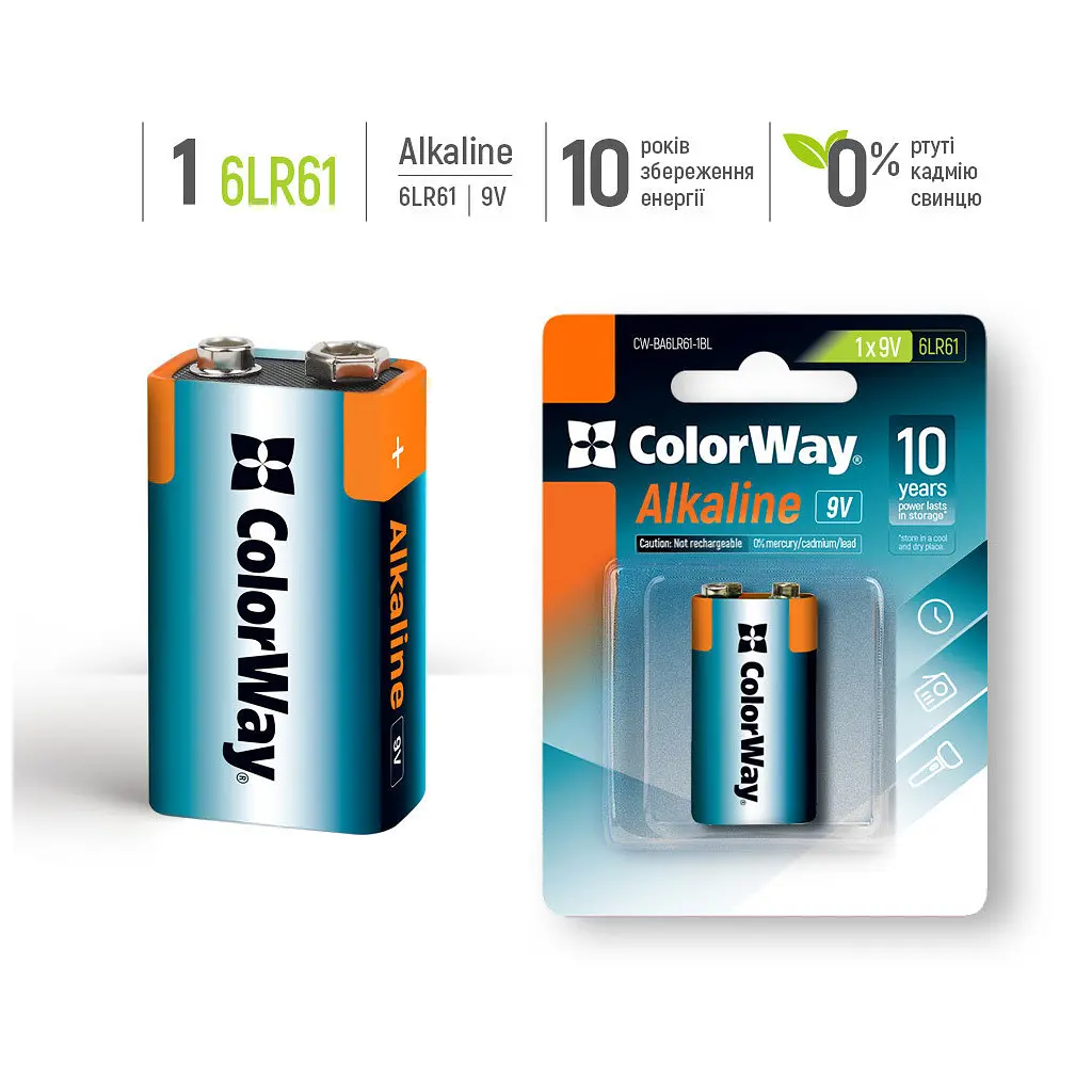 Батарейка ColorWay Крона 6LR61 9V Alkaline Power * 1 (CW-BA6LR61-1BL) - фото 3