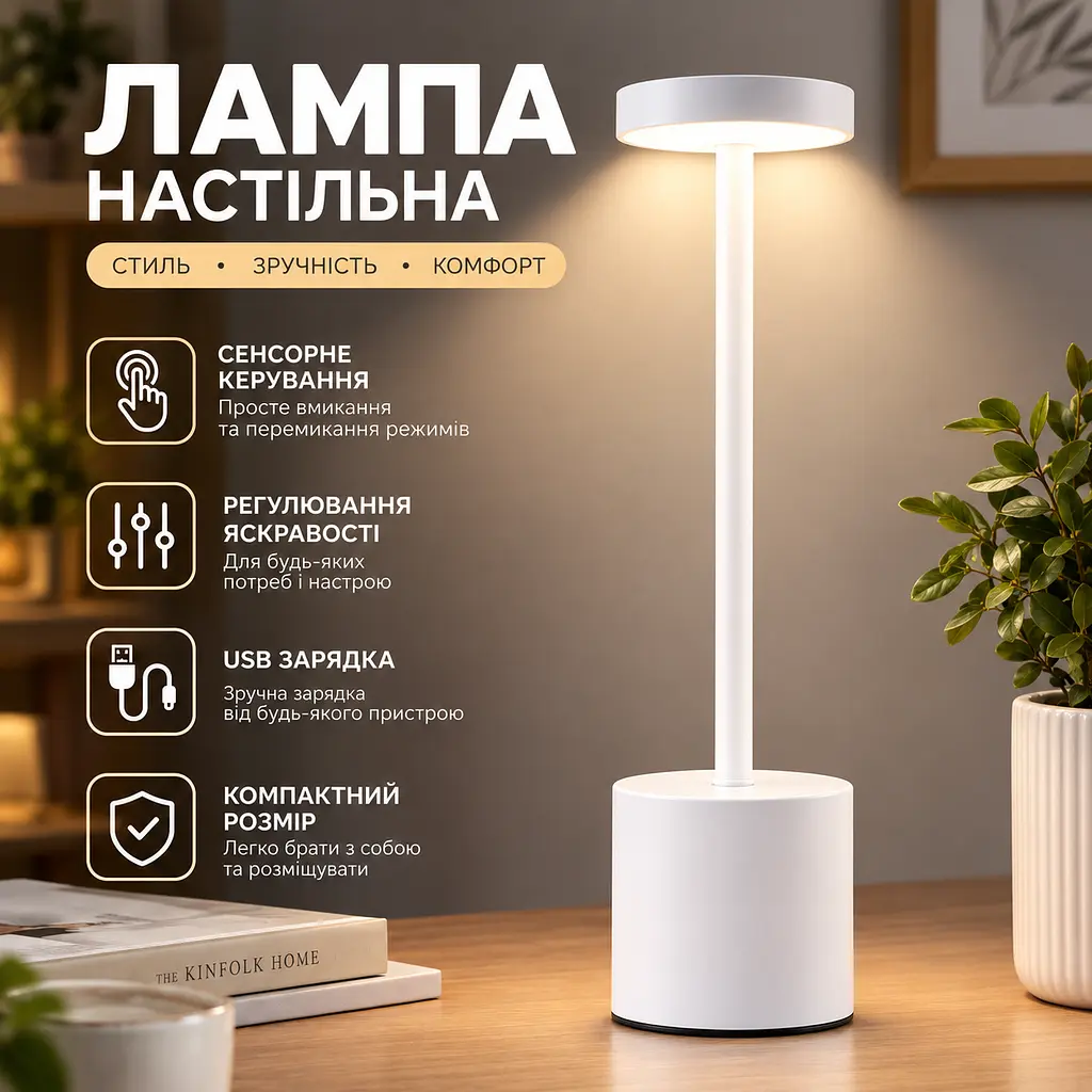 Лампа настільна світлодіодна сенсорна Solar на акумуляторі три колірні температури металева 34,4 см Білий - фото 2