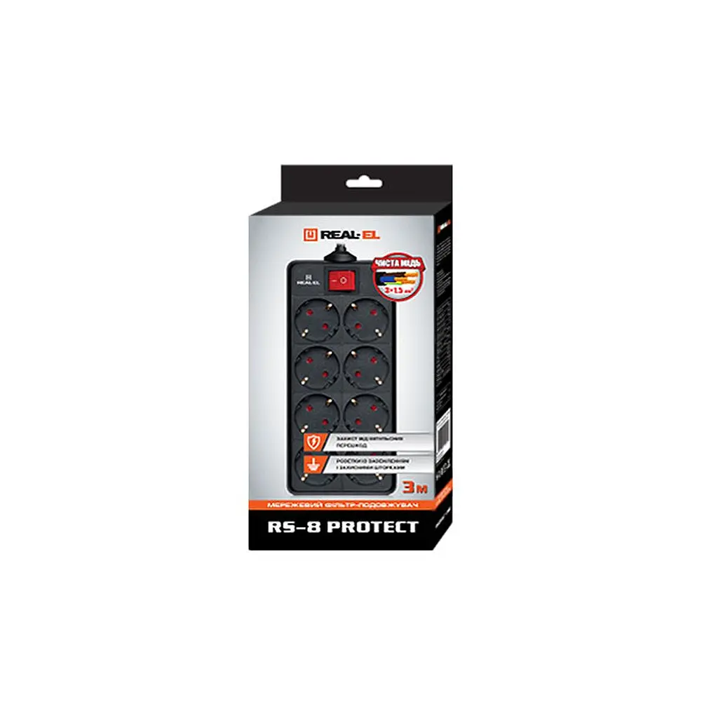 Мережевий фільтр живлення REAL-EL RS-8 PROTECT, 3m, black (EL122300022) - фото 2