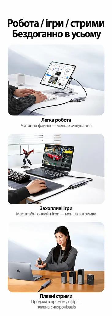 Мережевий адаптер із USB-хабом UGREEN CM811 Ethernet підключення через USB-A або USB-C порт RJ45 мережа до 1 Гбіт/с 3 порти USB-A 3.0 для периферії передавання USB до 5 Гбіт/с для Windows macOS Linux та пристроїв iOS Android із підтримкою OTG без окремого встановлення драйвера в сумісних системах захист від надструму й короткого замикання та від статичної електрики й імпульсних перенапруг екранування кабелю від перешкод вбудований кабель 0,2 м космічний сірий (95538) - фото 13
