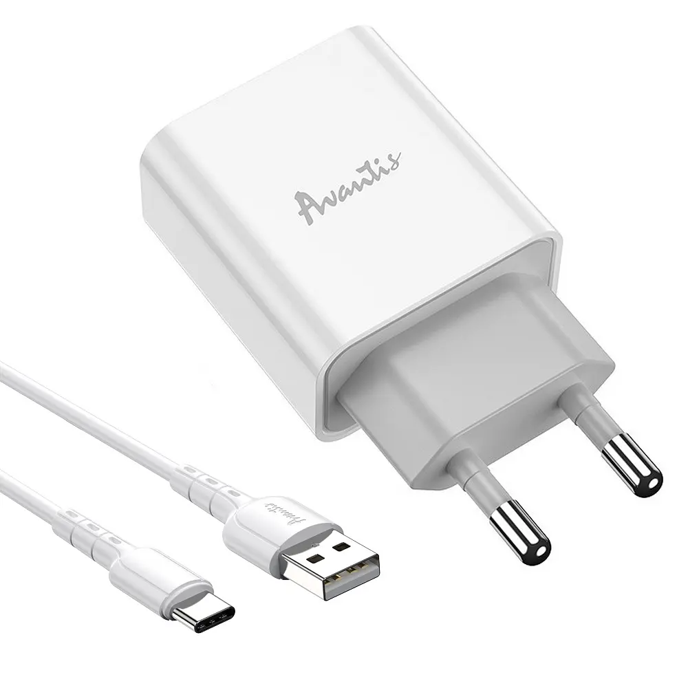 Мережевий зарядний пристрій Avantis A825 (1USB/2.1A) + USB кабель Type-C- білий