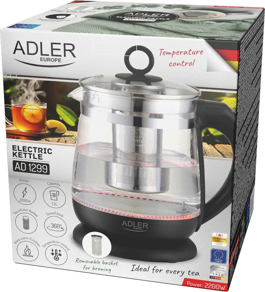 Електрочайник Adler AD 1299 1850-2200Вт/ 1.5л/ скло/ заварник/ встановлення температури/ чорний - фото 10