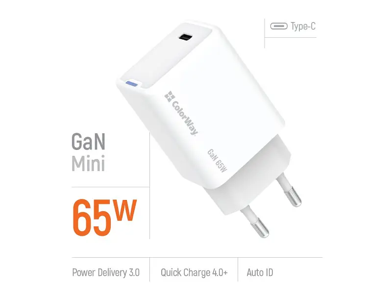 Мережевий зарядний пристрій ColorWay GaN Mini 65 W White (CW-CHS049PD-WT) - фото 2