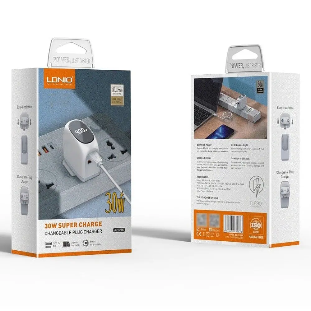 Зарядное устройство Ldnio A2522C USB/Type-C QC PD 30W с белым дисплеем + кабель Type-C to Type-C - фото 5