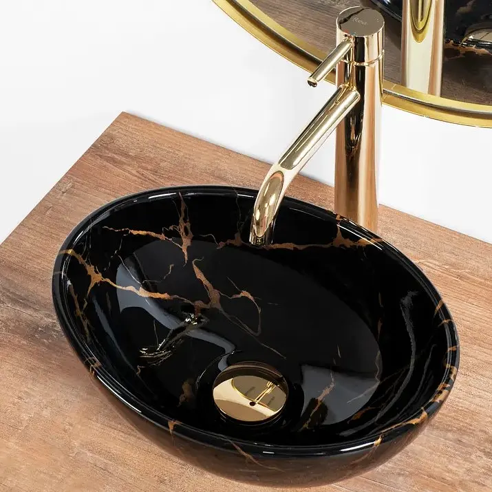 Умивальник Rea Sofia mini black marble shiny накладний REA-U6963, Чорний матовий - фото 3