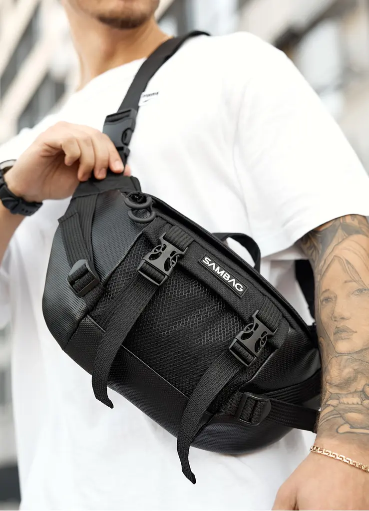 Велика чоловіча сумка бананка Sambag DynamicDart чорна тканева 38 × 21 × 7 см (80411701m) - фото 2