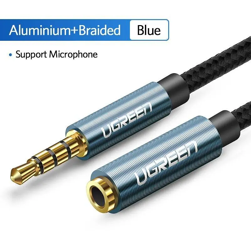 AUX 3.5mm подовжувач Ugreen AV118 аудіо кабель, 4-pin, 1.5м Чорний з синім - фото 6