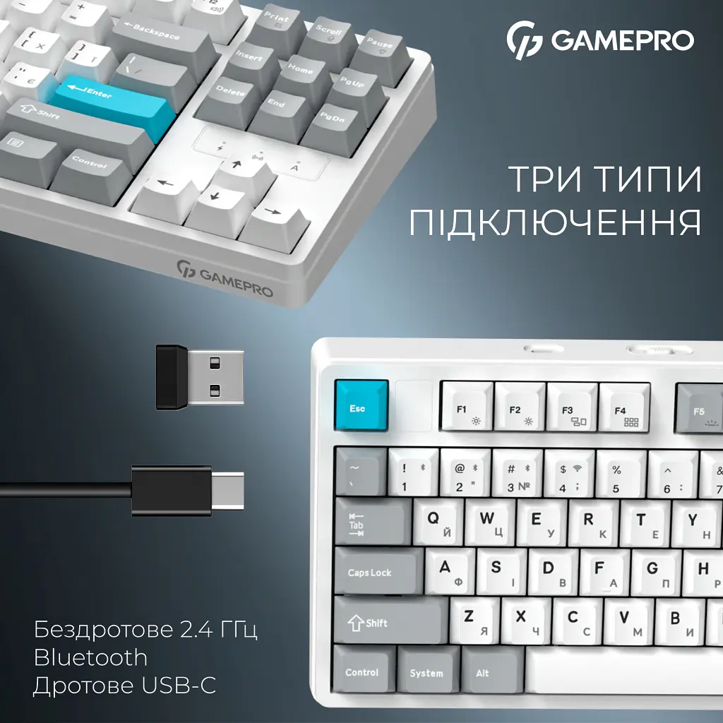 Клавіатура GamePro Asgard Ragnar Wireless/Bluetooth/USB UA White (MK285WH) - фото 5