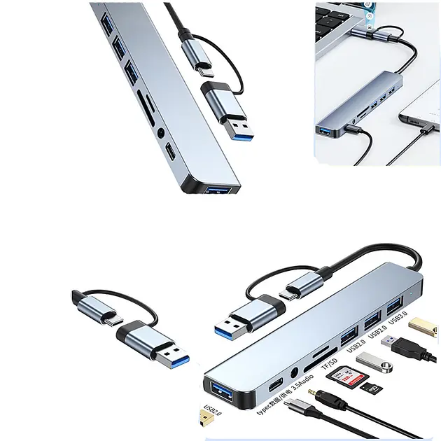 Металевий USB HUB 9-в-1 - Type-C, USB 3.0, SD/TF, PD, AUX, Сірий - фото 4