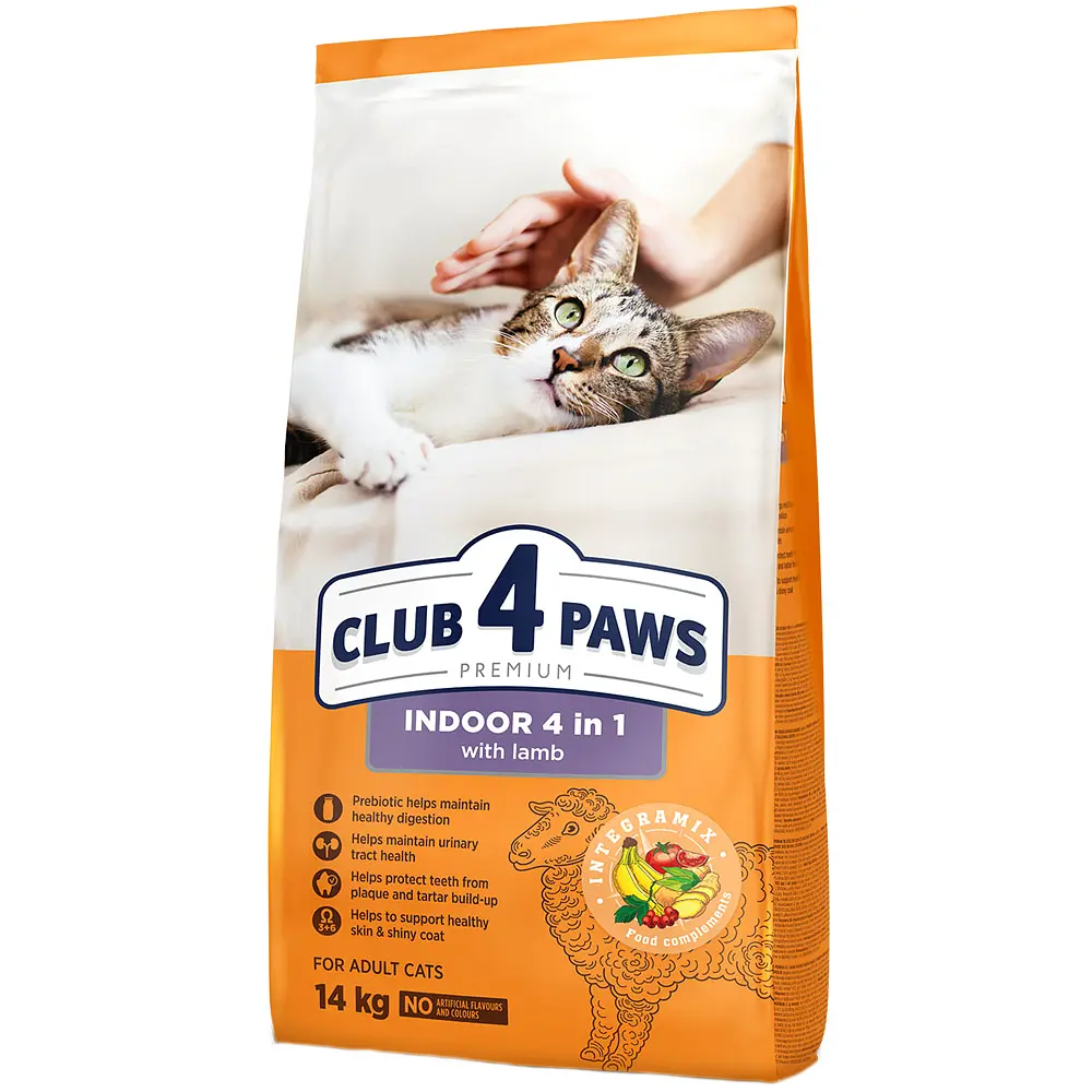 Уцінка. Сухий корм Club 4 Paws Premium 4 в 1 для дорослих котів що живуть у приміщенні з ягням 14 кг