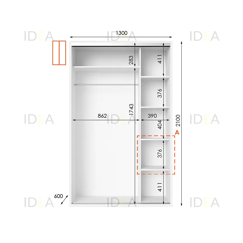 Шафа-купе Idea серія 5 130 x 60 x 210 см Білий Дзеркало - фото 2