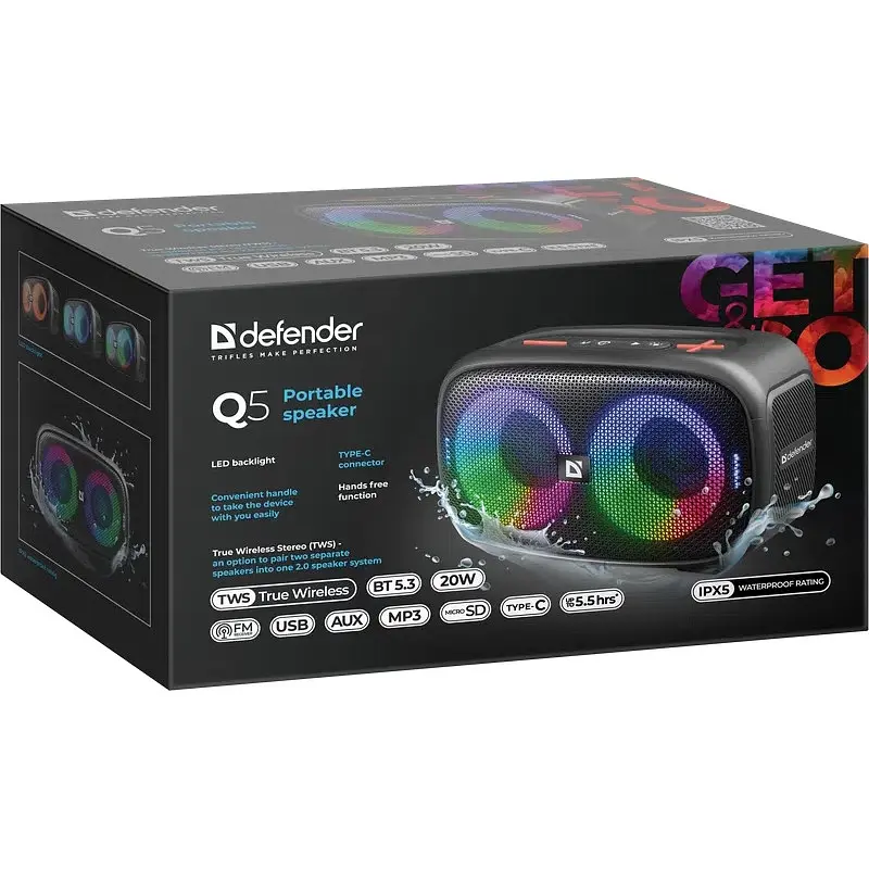 Акустична система 1.0 Defender Q5 20 Вт Bluetooth/FM/USB/TF/IPX5, LED, чорна - фото 7