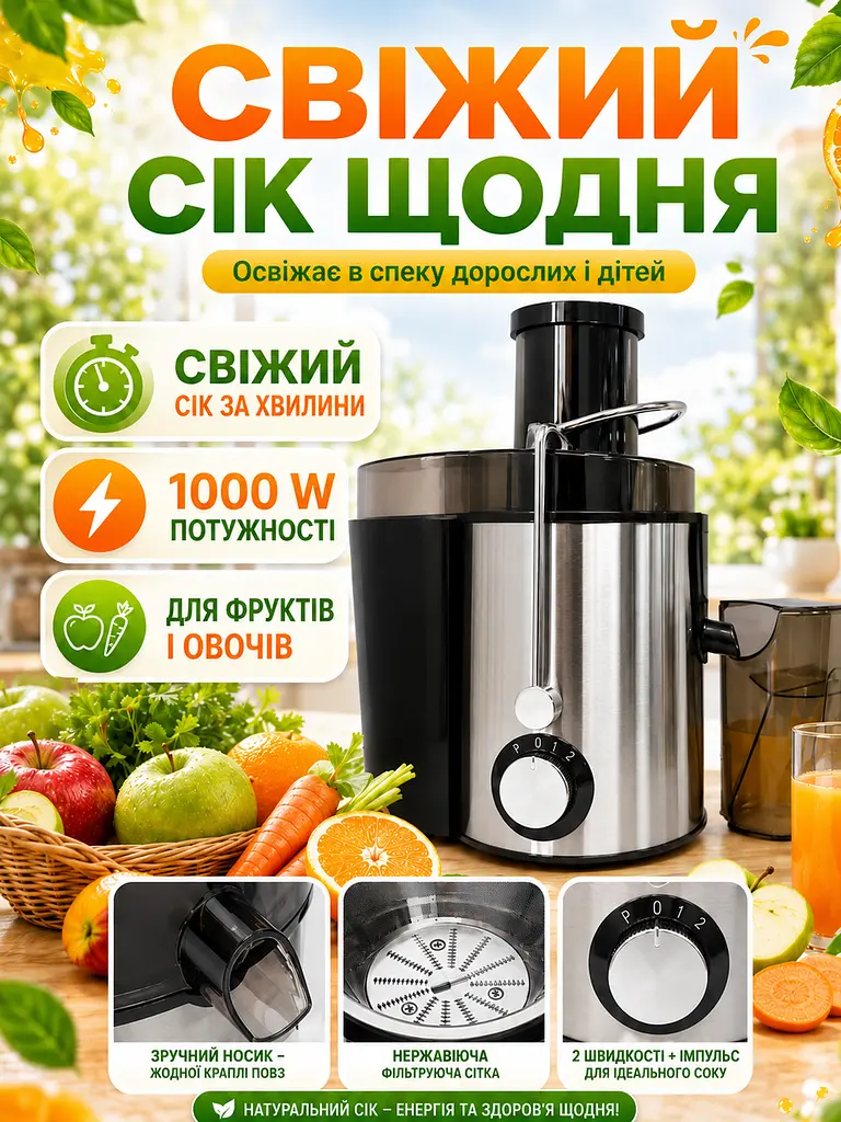 Соковитискач для фруктів та овочів 1000 W чорний з широкою горловиною 65 мм (49675913) - фото 2