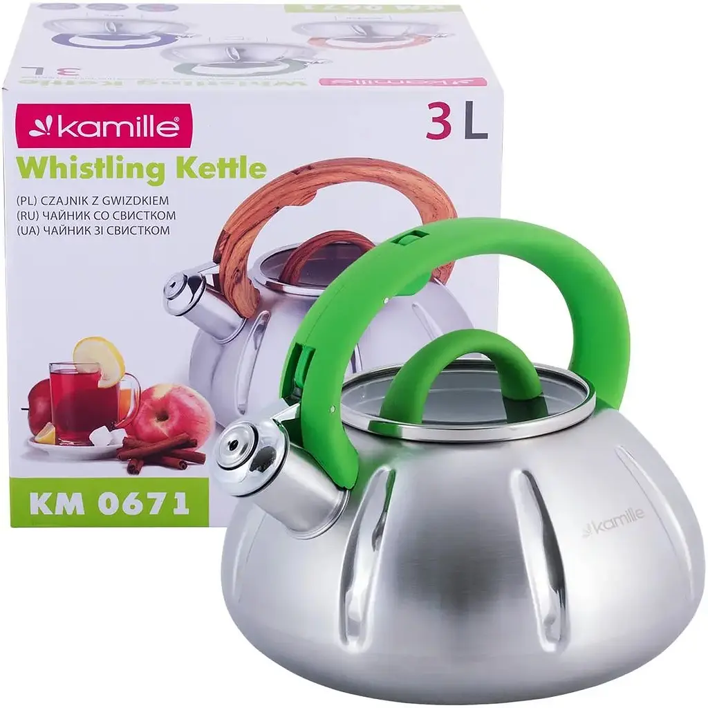 Чайник Kamille з нержавіючої сталі зі свистком зелена ручка 3 л (0671) - фото 5