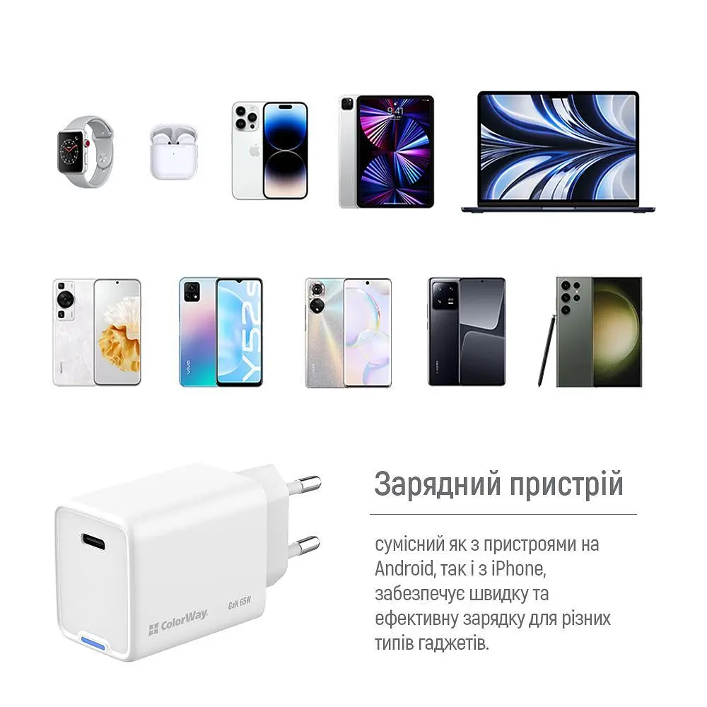 Мережевий зарядний пристрій ColorWay GaN Mini 65W PD Port PPS USB-C White (CW-CHS049PD-WT) - фото 3