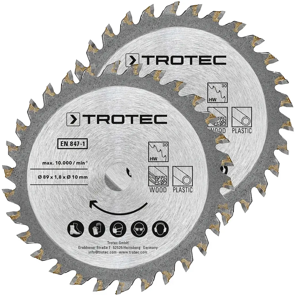 Набір пиляльних дисків для циркулярної пили Trotec 3 TCT 89 х 10х 1.8 HW30 Wood/Plastic (2 шт.)