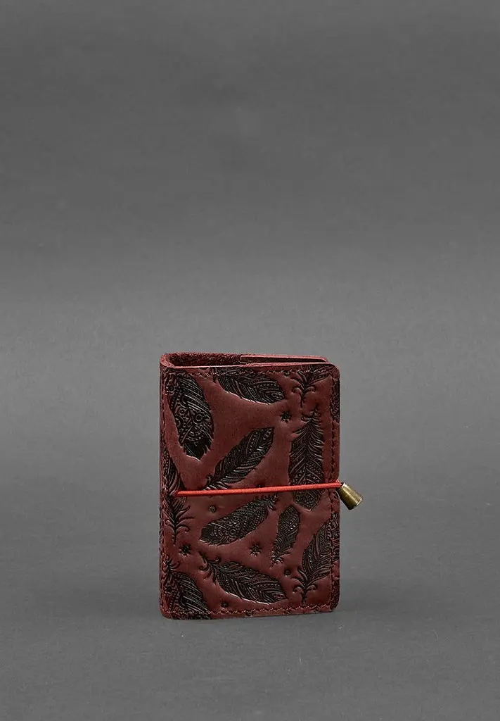 Жіночий шкіряний кард-кейс 7.0 бордовий з пір'ям - фото 2