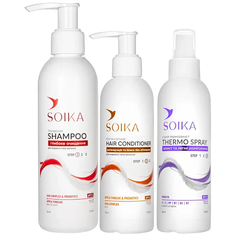 Набір для волосся Soika Глибоке очищення та захист 3в1: шампунь + кондиціонер + спрей-термозахист (дизайн Red глянець) - фото 2