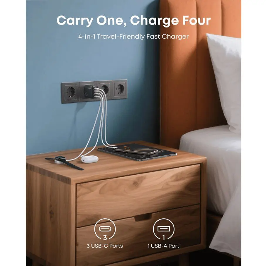 Зарядний пристрій Anker A121-CG11 GAN Charger 70 W, 3xUSB-C, 1xUSB-A, Black - фото 5