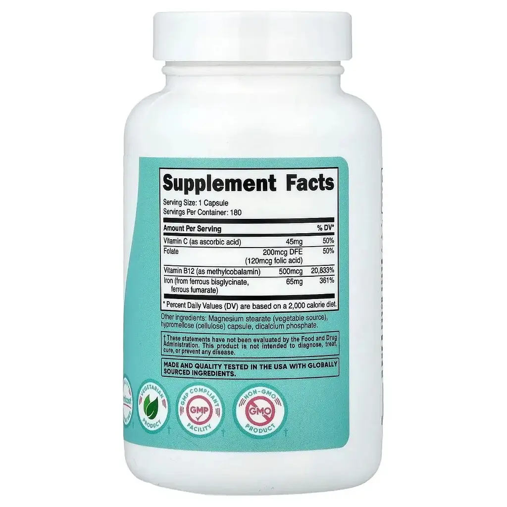 Залізо для жінок Nutricost With Vitamin C, Folate & Vitamin B12, 180 капсул - фото 2
