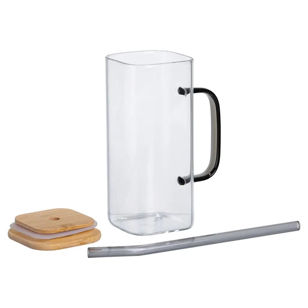 Чашка стеклянная 400 мл с бамбуковой крышкой и стеклянной трубочкой Yiwu HP-19-146 - фото 2