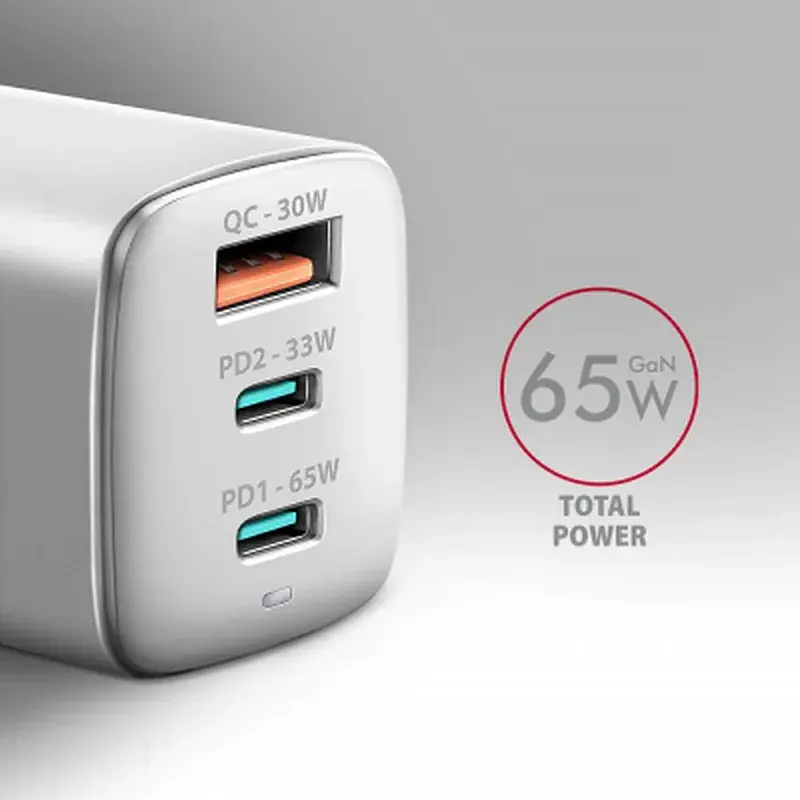 Зарядний пристрій AXAGON 1xUSB + 2xUSB-C 65W QC4+ PD3.0 PPS white (ACU-DPQ65W) - фото 3