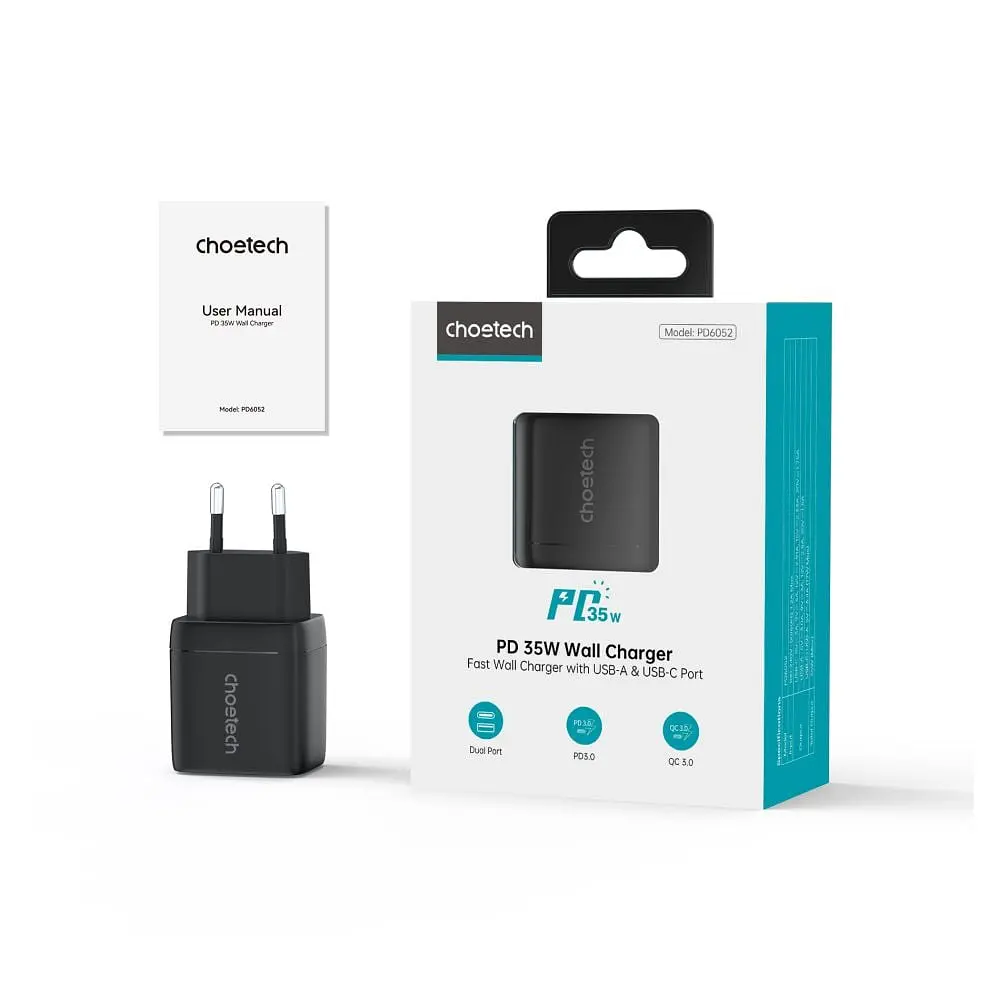 Мережевий зарядний пристрій Choetech PD6052 PD35W GAN A+C Black (43-00121) - фото 3