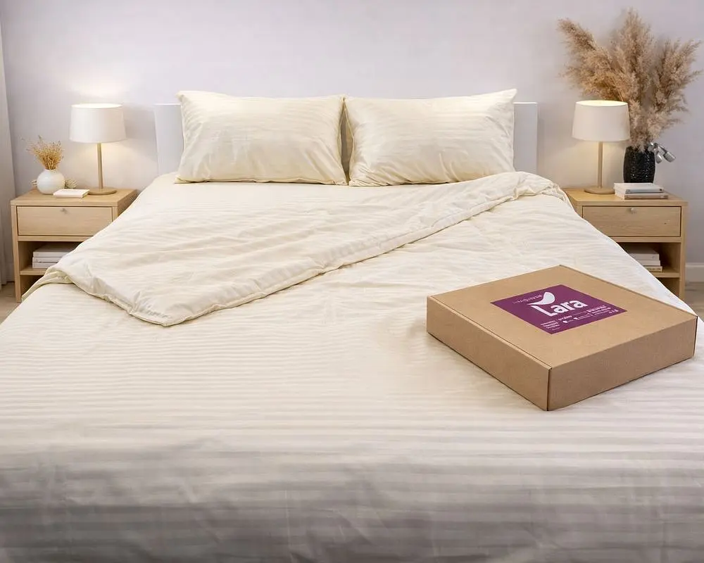 Постільна білизна LARA сатин-страйп LUX beige d13176е160 з простирадлом на резинці 160х200х25 євро