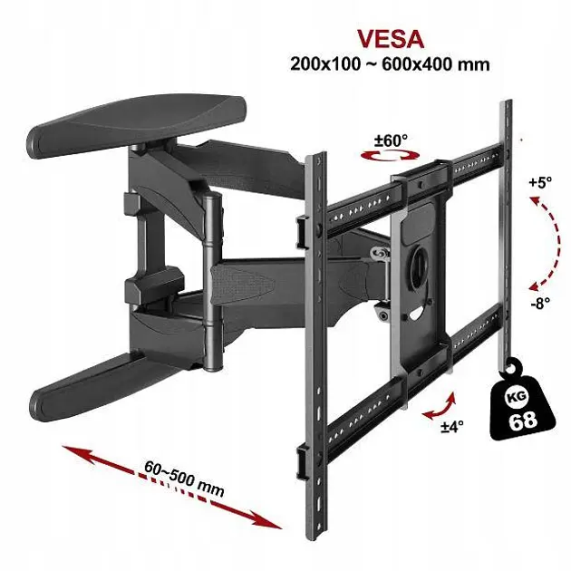 Настінне кріплення для телевізора для діагоналей 55"-85" поворотний кронштейн на стіну V-Star S65 - фото 7