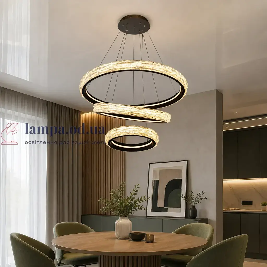 Дизайнерська підвісна LED-люстра для залу Diasha 583-800+600+400BK чорна, 3 кільця, 250 Вт, 80 см, до 40 м2