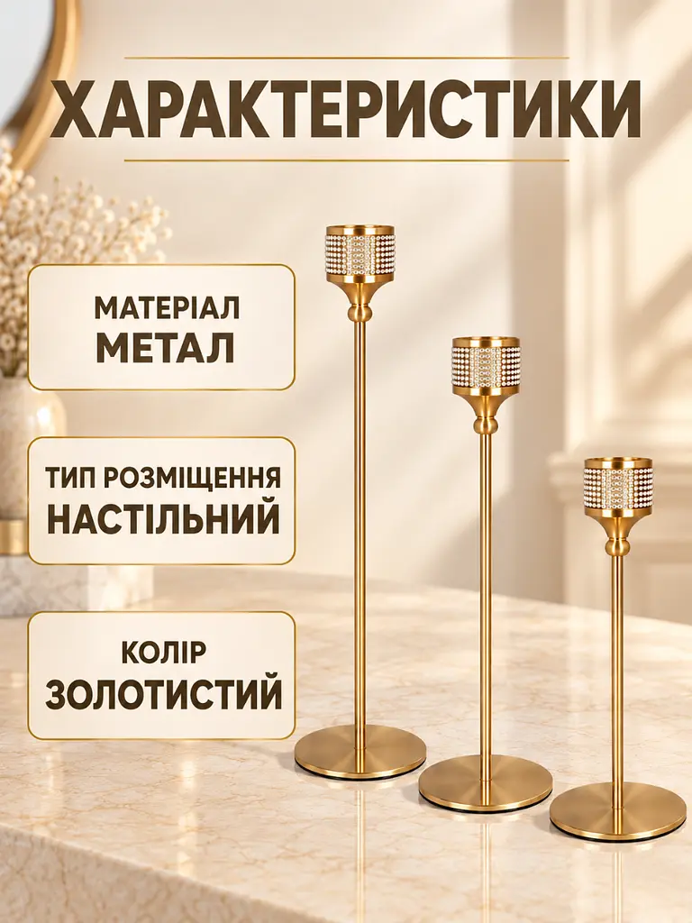 Набір декоративних підсвічників 3 шт 17,5 см / 22,5 см / 27,5 см для інтер'єру золотистий (37261541) - фото 7