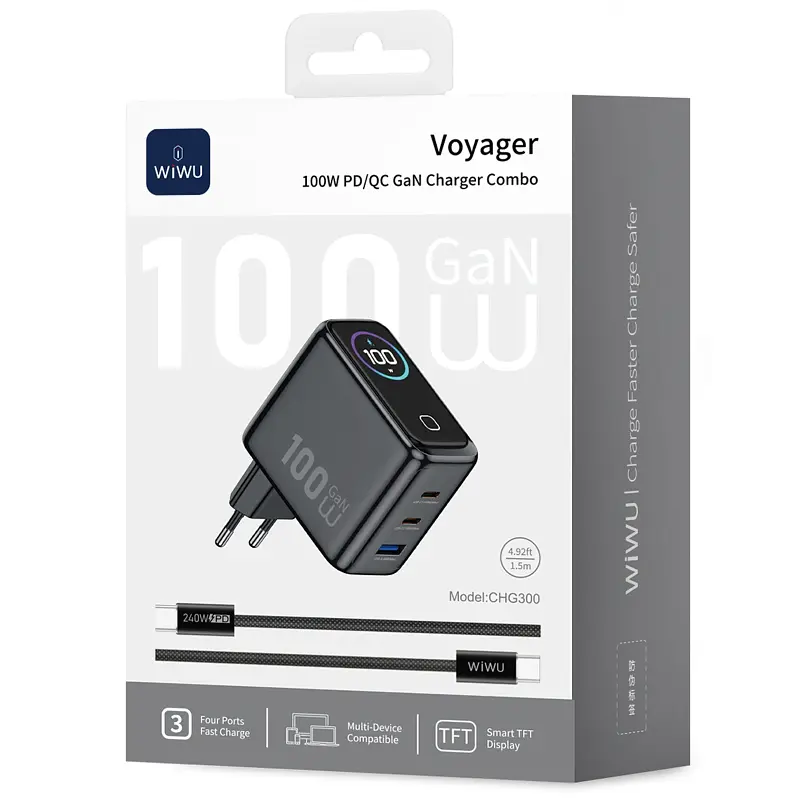 Мережевний зарядний пристрій WIWU CHG300 Voyager PD100W+QC3.0 1USB-A/2C + кабель Type-C to Type-C Grey - фото 4