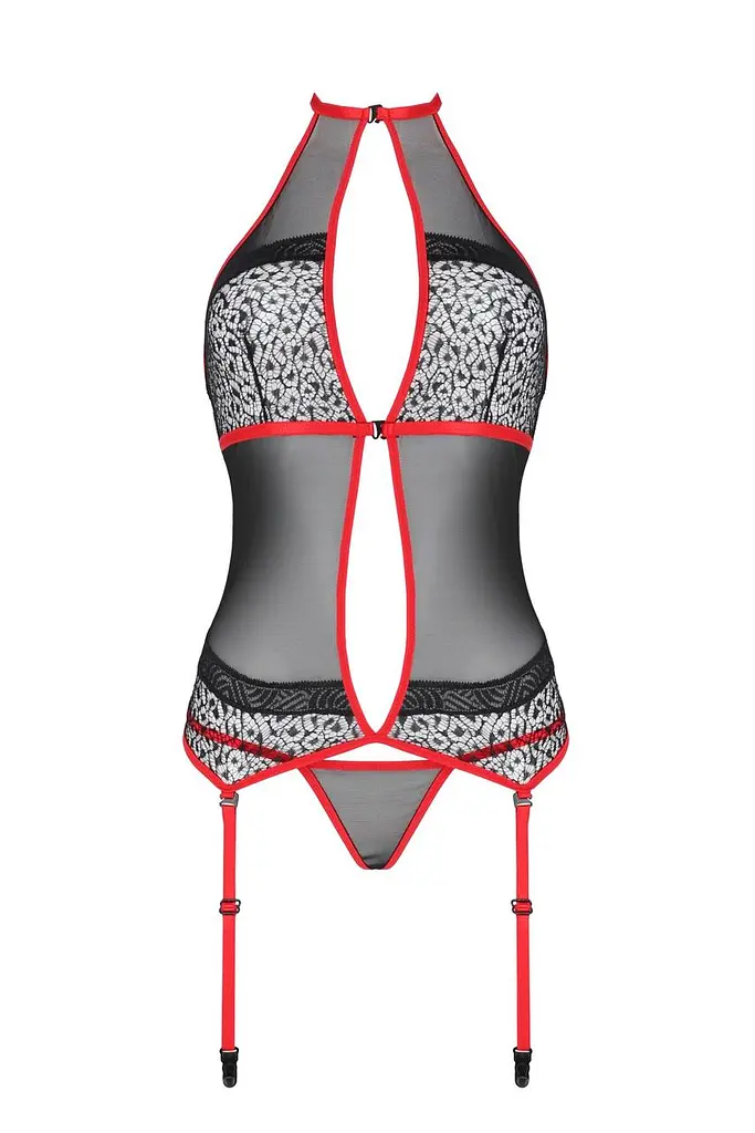 Корсет з пажами Passion Satara CORSet S/M red стрінги мереживо застібки спереду та ззаду - фото 3