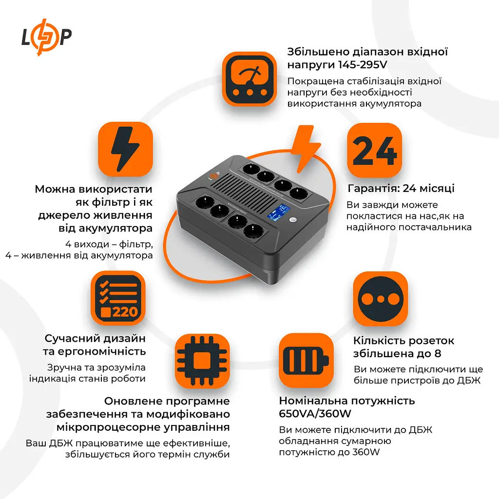 Лінійно-інтерактивне ДБЖ LP-650VA-8PS (360Вт) - фото 2