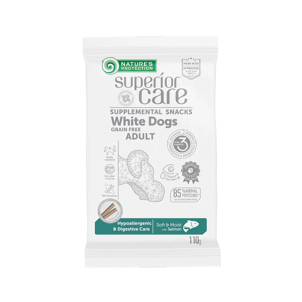 Беззернові ласощі для білих собак Nature's Protection SC White Dogs Hypoallergenic&Digestive Care, 110 г