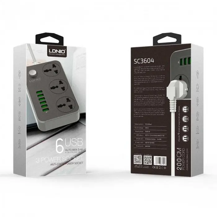 Розетка-удлинитель сетевой удлинитель фильтр LDNIO SC3604 на 3 розетки + 6 USB 3.4A - фото 6