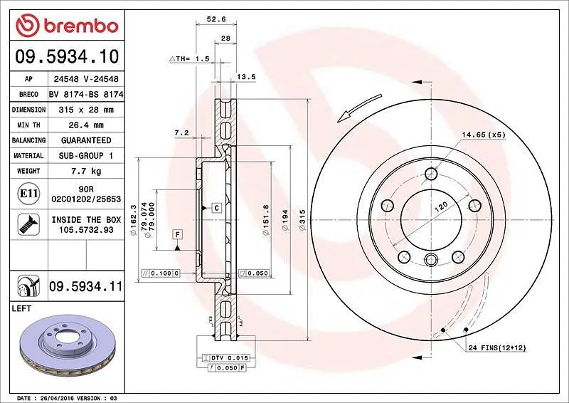 Диск гальмівний передній вентильований Bmw Z3, 3 90-03р Brembo (09.5934.11) - фото 2