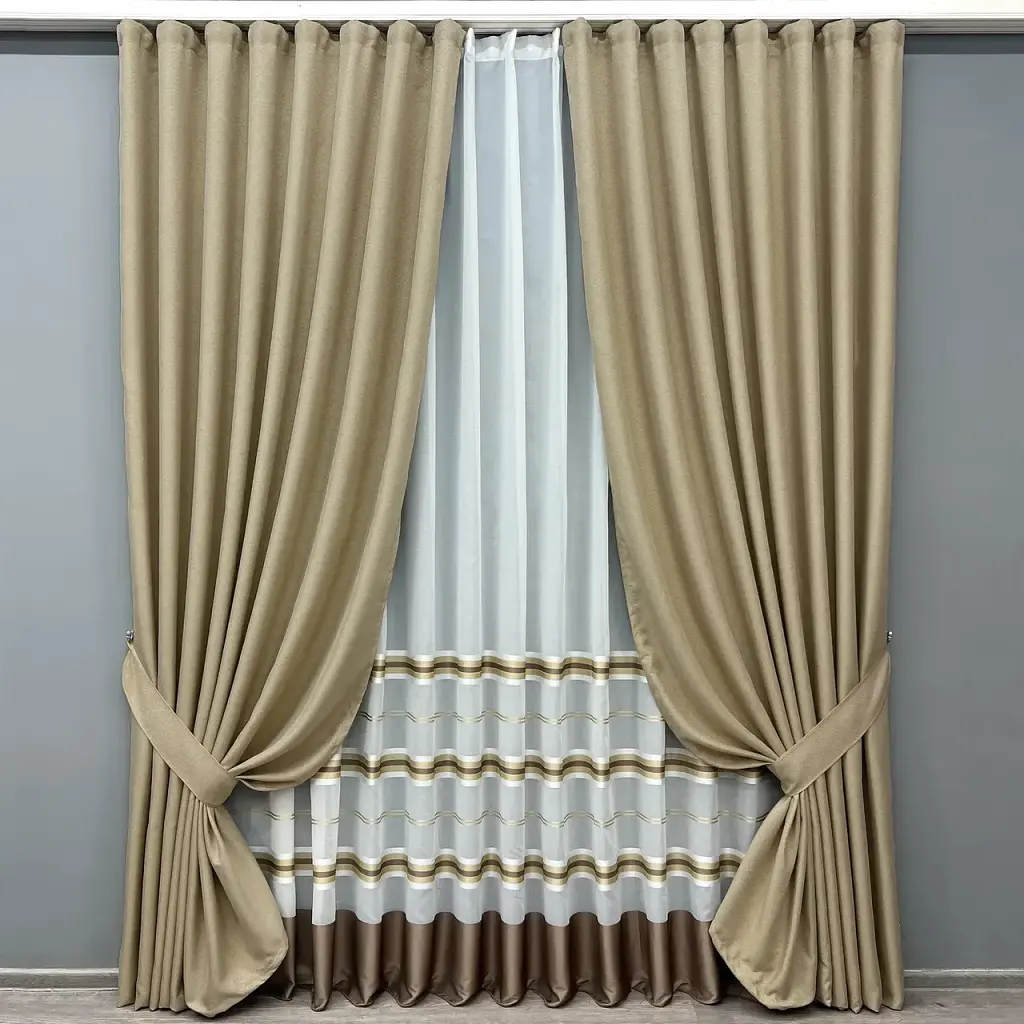 Комплект штор з тюлем VR-Textil Льон Мішковина, бежевий з молочним, 2 штори 100×270 см + тюль 300×270 см, арт. 71-160/1