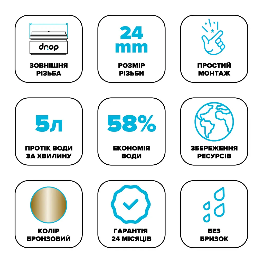 Водозберігаючий аератор Drop CL24-BRN для змішувача - Економія 58%, зовнішня М 24 мм, бронзовий - фото 6