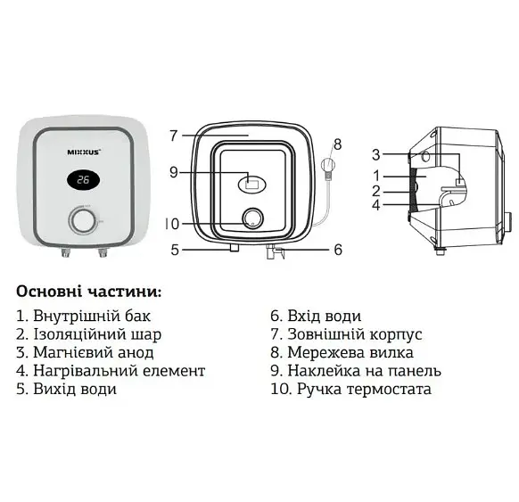 Водонагреватель Mixxus EWH-0510 Small Over 10 л над мойкой, 1500Вт, мокрый ТЭН, вертикальный, квадратный, белый (WH0003) - фото 5