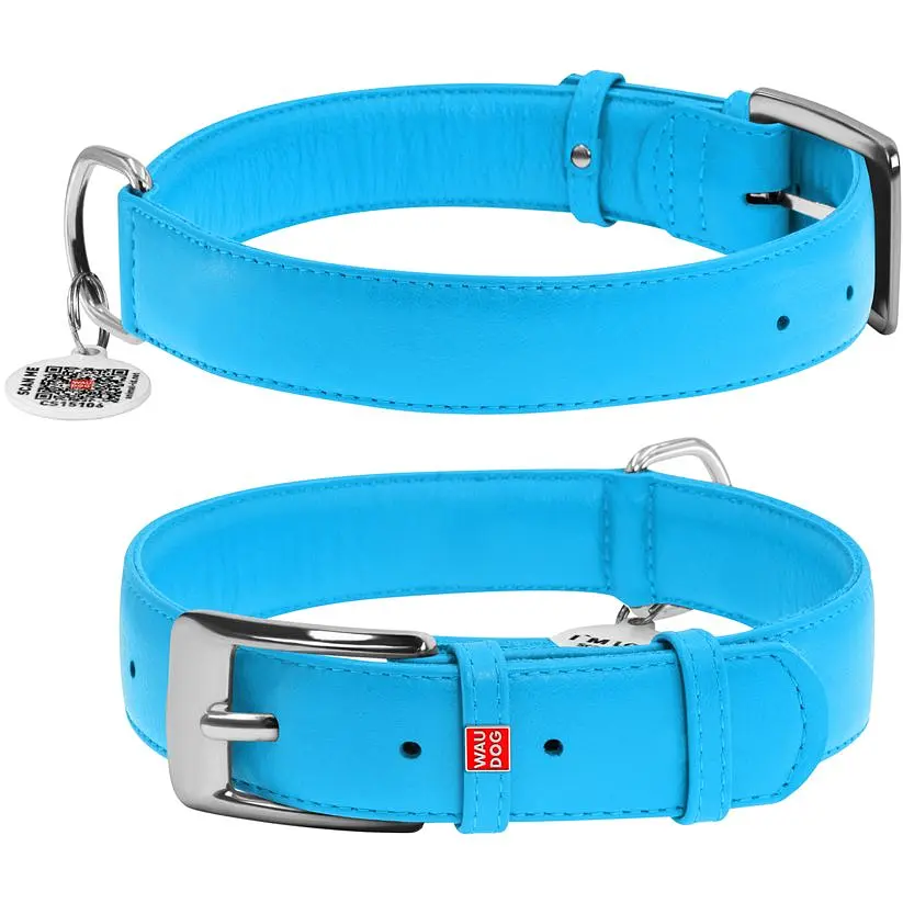 Ошейник для собак Waudog Glamour, кожаный, с QR паспортом, 46-60х3,5 см, голубой - фото 3