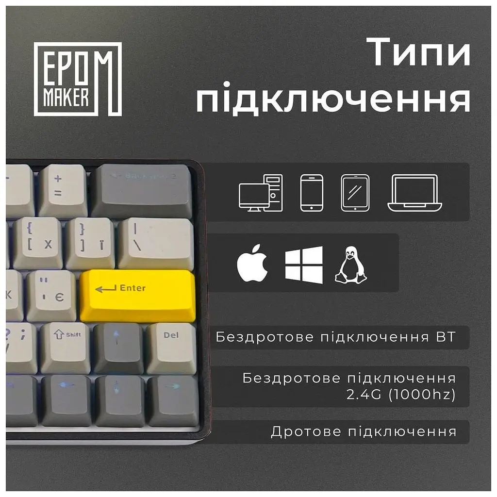 Клавіатура Epomaker EP64 60 Mulan Switch Hot-Swap RGB Wireless/Bluetooth/USB UA Black (EP64-B-M) - фото 9